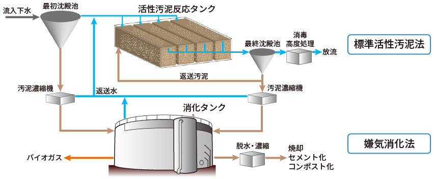 代表的な都市下水処理施設における処理の概略図（全体）