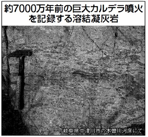岐阜県中津川市の木曽川で撮影された、約7000万年前の巨大カルデラ噴火を記録している溶結凝灰岩の写真