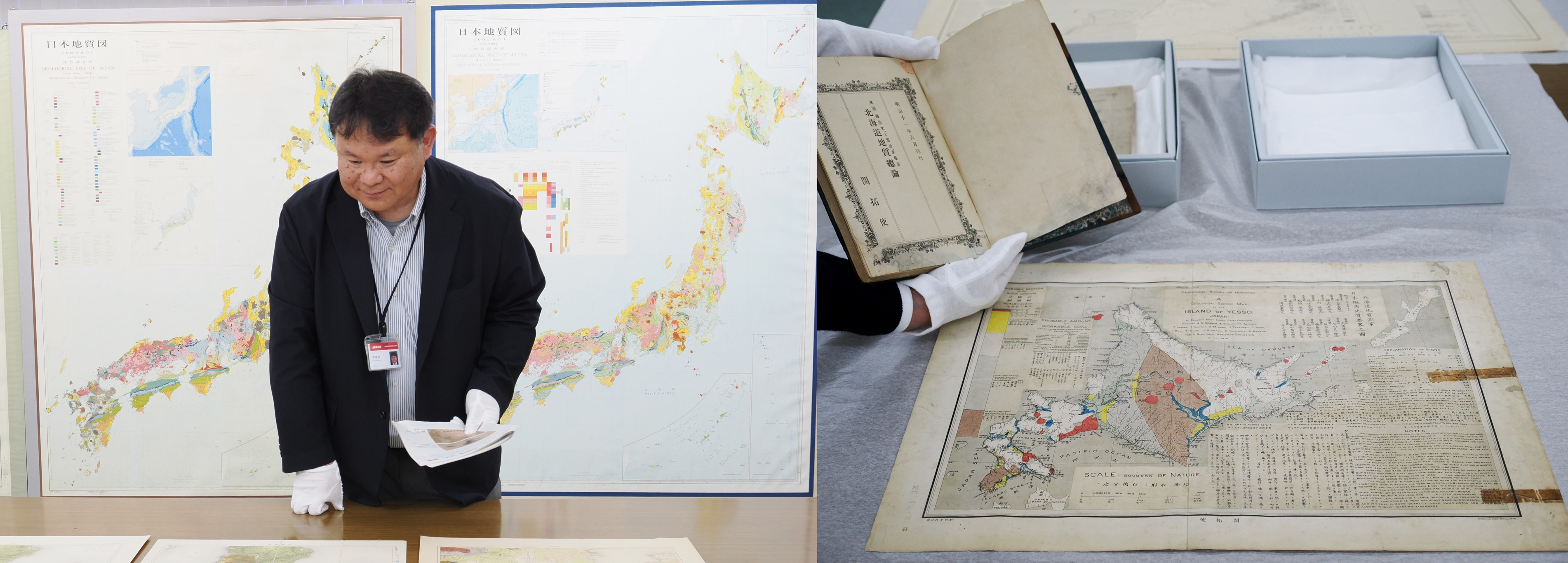 左が地質図ライブラリーに保管されている資料を説明する地質標本館 中澤努館長。右が1876年に作られた、200万分の1 日本蝦夷地質要畧之圖。