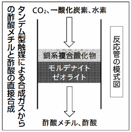 タンデム型触媒による合成ガスからの酢酸メチルと酢酸の直接合成の図