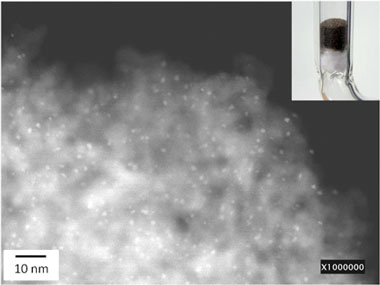 開発した触媒のHAADF-STEM像と光学写真