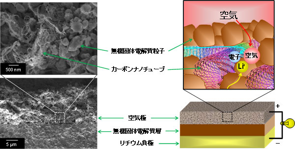 今回開発した全固体型リチウム－空気電池の断面の電子顕微鏡写真と模式の図