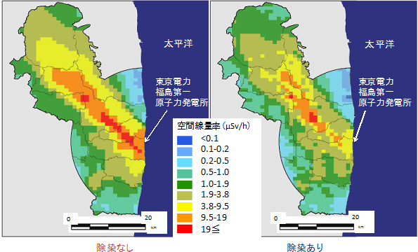 基本シナリオで除染した場合の2014年4月1日時点での生活圏の空間線量率の予測の図