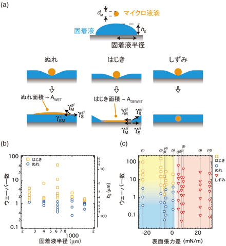 ぬれ・はじき・しずみ現象の発現と競合の図