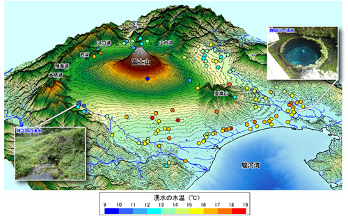 富士山周辺の湧水の位置とその水温を示した鳥瞰（ちょうかん）図画像