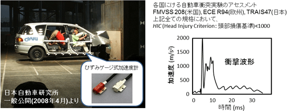 自動車衝突実験で計測される衝撃波形の典型例の図