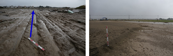 氾濫した水の流れに沿って形成された溝状の浸食痕（左）と、洪水堆積物（右）の図