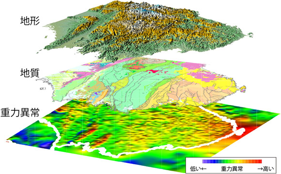 20万分の1日本シームレス地質図の3D版で富士山周辺を表示した例の図