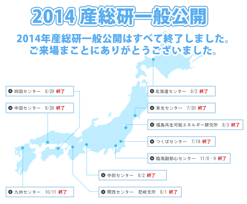 産総研一般公開（2014年）開催案内マップ：行ってみたいセンター名をクリックしてください