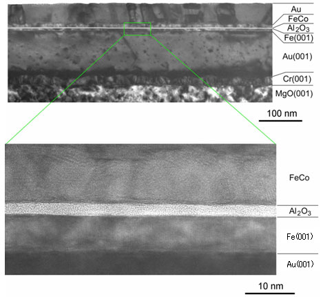 単結晶Fe電極を持つTMR素子の断面の電子顕微鏡写真