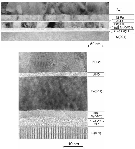 MgO下地層を用いてシリコン基板上に作製したTMR素子の断面の電子顕微鏡写真