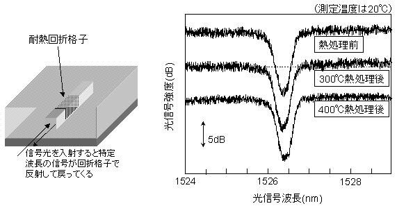 試作した導波路フィルターの模式図と実測スペルの図