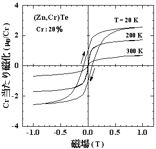 Crを20％含む (Zn,Cr)Te膜の各温度における磁化曲線図
