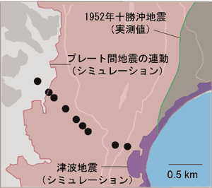 霧多布湿原における津波堆積物の分布とシミュレーションによる浸水域の図