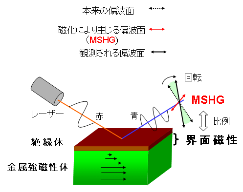 磁化誘起第二高調波発生を用いた強磁性体・絶縁体接合界面での磁性検出原理図