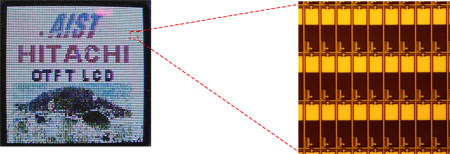 試作した有機TFT駆動カラー液晶表示パネルと試作したパネルの画素の写真