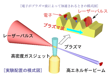 レーザー・プラズマ加速器の模式図と加速の原理図