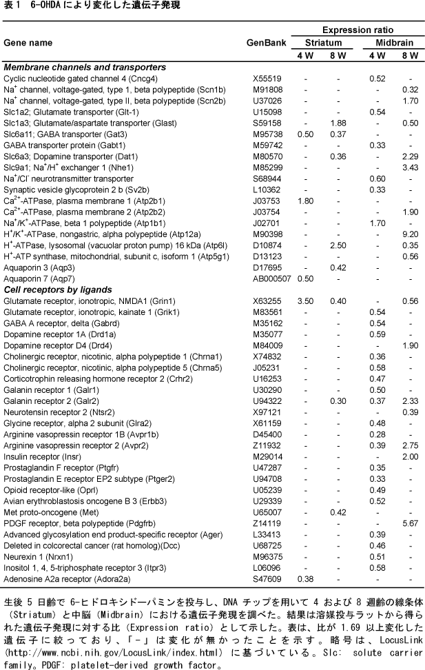 6-OHDAにより変化した遺伝子発現の表