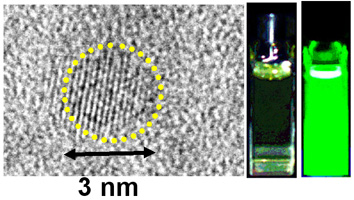 合成した量子ドットの電子顕微鏡写真と量子ドットが発する蛍光の図