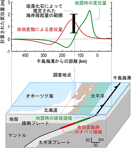 珪藻化石から推定した17世紀の海岸隆起の説明図