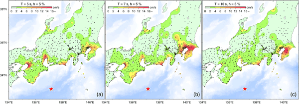 紀伊半島南東沖の地震の際の速度応答スペクトル分布図