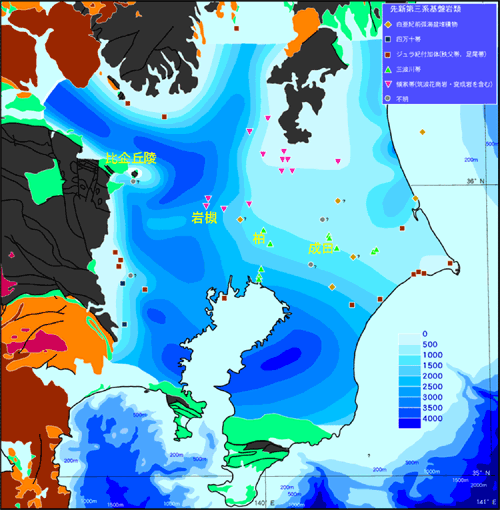 関東平野の地下の基盤岩深度の図