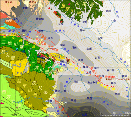 関東地方北西部の中央構造線の図