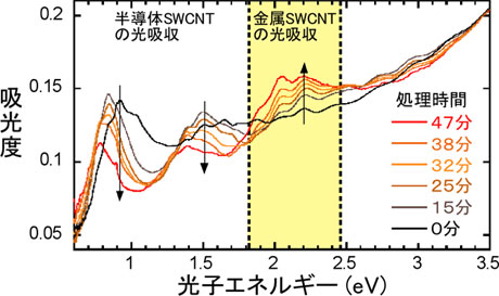 SWCNT薄膜の吸収スペクトルの過酸化水素水処理時間による変化の図