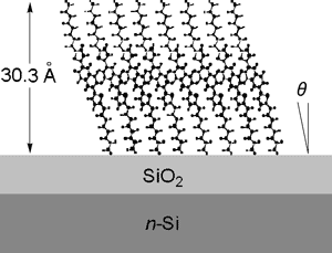 HMDS処理SiO２絶縁膜上に真空蒸着製膜した８-TNAT-８薄膜の分子配向模式図