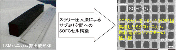 LSMハニカム押出成形体およびSOFCセル構築後のミクロハニカム拡大写真