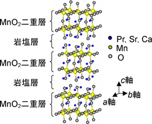 PrSr0.2Ca1.8Mn2O7の結晶構造図
