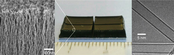 二層カーボンナノチューブ垂直配向体と電子顕微鏡写真