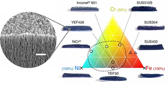 各種Ni-Fe-Cr合金上での単層カーボンナノチューブ構造体の合成の図