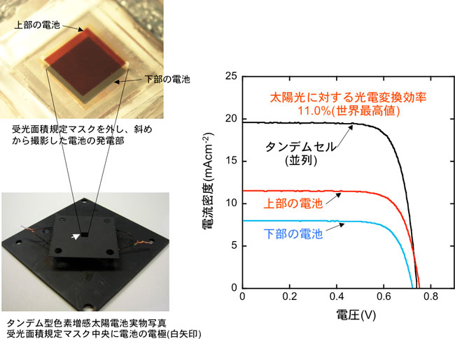 タンデム型色素増感太陽電池の光電変換効率の写真と図