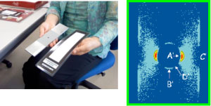 応力発光体の写真（左）と応力可視化システムの画像（右）
