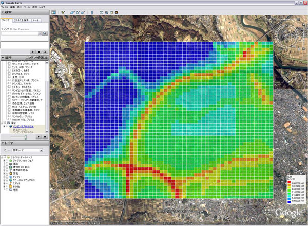 Google EarthTMを用いた100m×100m解像度での濃度分布表示の例画像