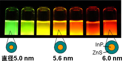 開発した水分散ナノ粒子の紫外線照射時の発光の写真
