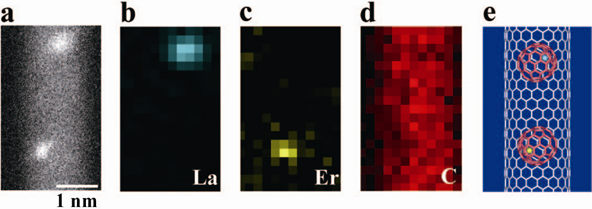 カーボンナノチューブ中の金属原子の元素マッピングの例の図