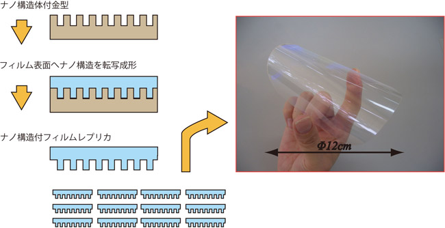 ナノ構造体が転写された親水フィルムの写真と作製プロセスの図