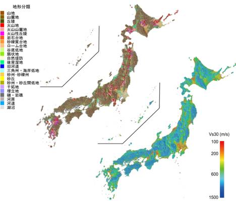 地形・地盤分類250m メッシュマップ全国版と地盤のゆれやすさデータの図