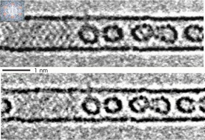 カーボンナノチューブの中に閉じ込めたC60フラーレン分子の電子顕微鏡像とナノチューブの縞を消した像
