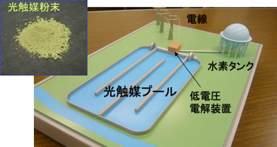 今回開発した高性能光触媒と光触媒―電解ハイブリッドシステムの全体模型の写真