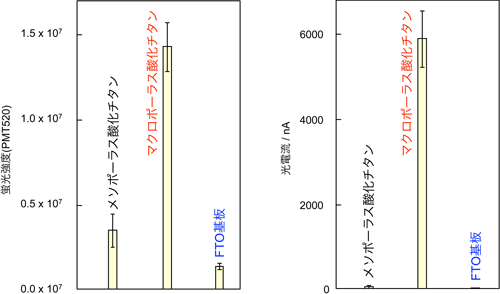 マクロ孔内への色素標識したDNAの吸着実験と色素増感型太陽電池の原理を利用した光電流の測定の図