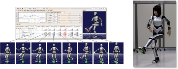 開発した統合ソフトウエア「Choreonoid」による動作の編集例の図