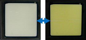 印刷により微細金属配線を施したエレクトロクロミック素子の色変化の様子の写真