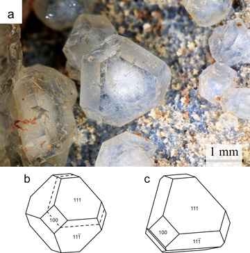 (a) 千葉石の結晶の写真と (b,c) 結晶の形態図