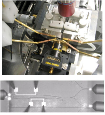 光ゲート素子の評価の様子（上）と評価中の光ゲートスイッチ素子の赤外顕微鏡写真（下）