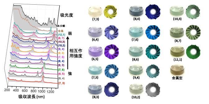 （右）今回分離した13種類の単一構造SWCNT分散液  （左）各分散液の光吸収スペクトルの図
