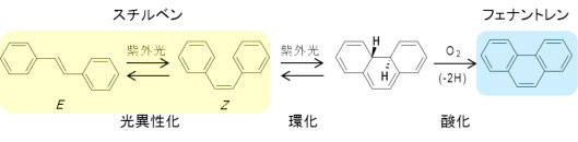 スチルベンの光異性化反応と環化反応の図