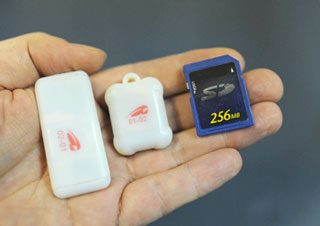 開発した小型放射線積算線量計（左、中央）と比較のためのSDメモリーカード（右）の写真